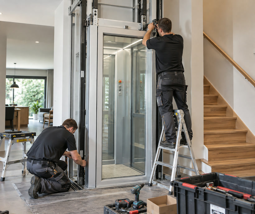 Twee huislift installateurs aan het werk bij een residentiële lift