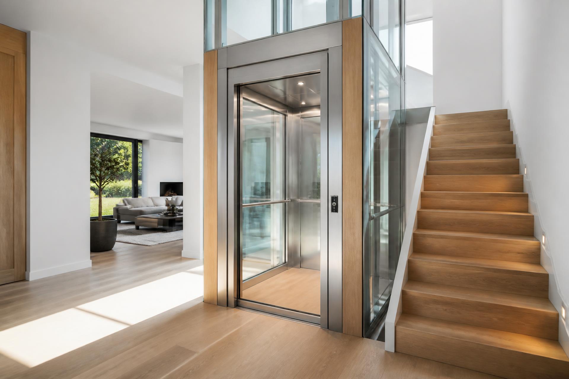Glazen huislift naast een houten trap in een moderne woning